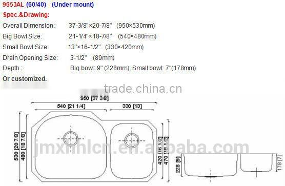 9653AL Jiangmen Manufacturer Vessel Stainless Steel Undermount Utility Sink