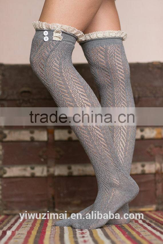 2015 Autumn and winter lace button cotton socks knee-high boots socks