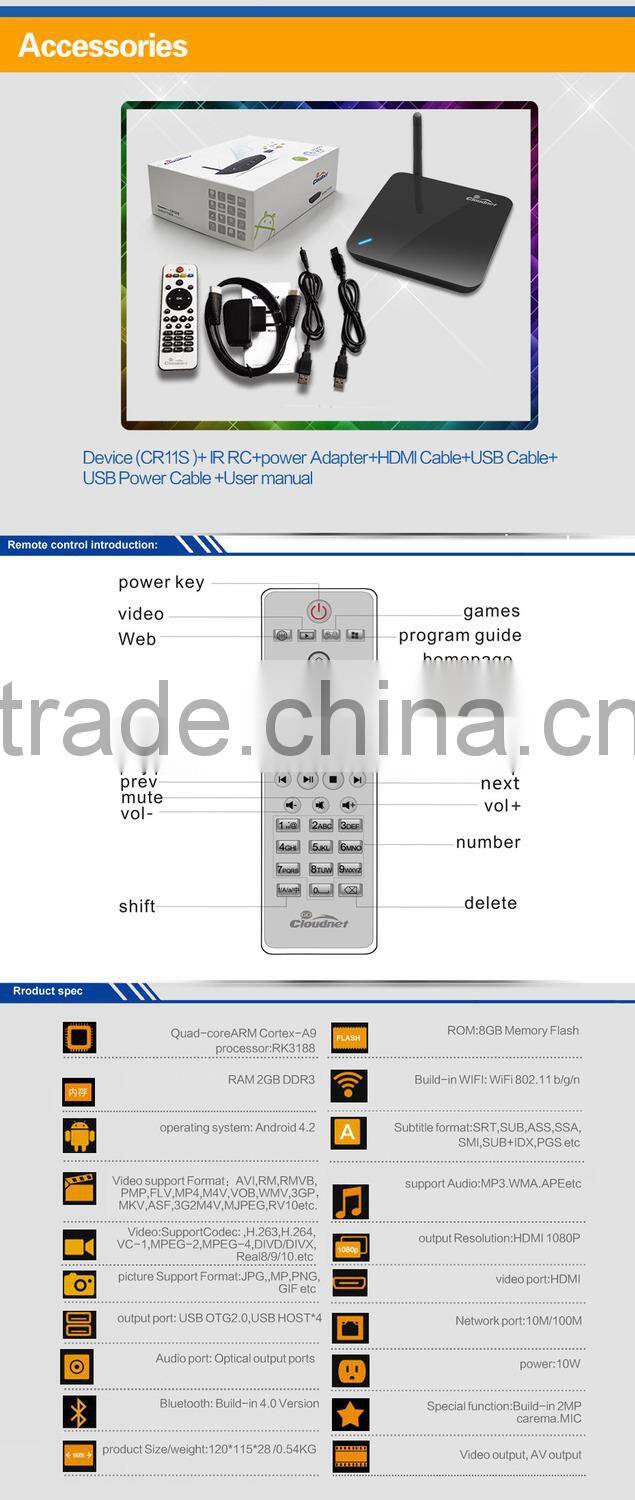 Factory price ! Cloudnetgo CR11S RK3188 quad core android tv box with HD Web Camera R89 TV BOX