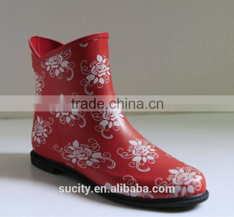 sexy red ankle female floral rubber rain boots