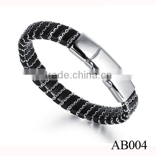 Newest Handmade Fashion Leather Bracelet/Stainless Steel Mens Leather Bracelet