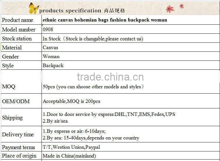China high quality canvas bag ethnic canvas bohemian bags woman fashion backpack woman
