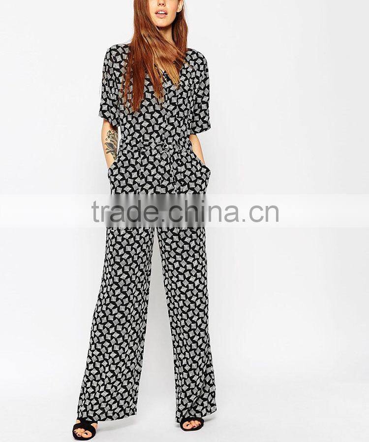 New fashion 100% polyester sleeveless adult one piece wrapped jumpsuit with belt 2016 wholesale