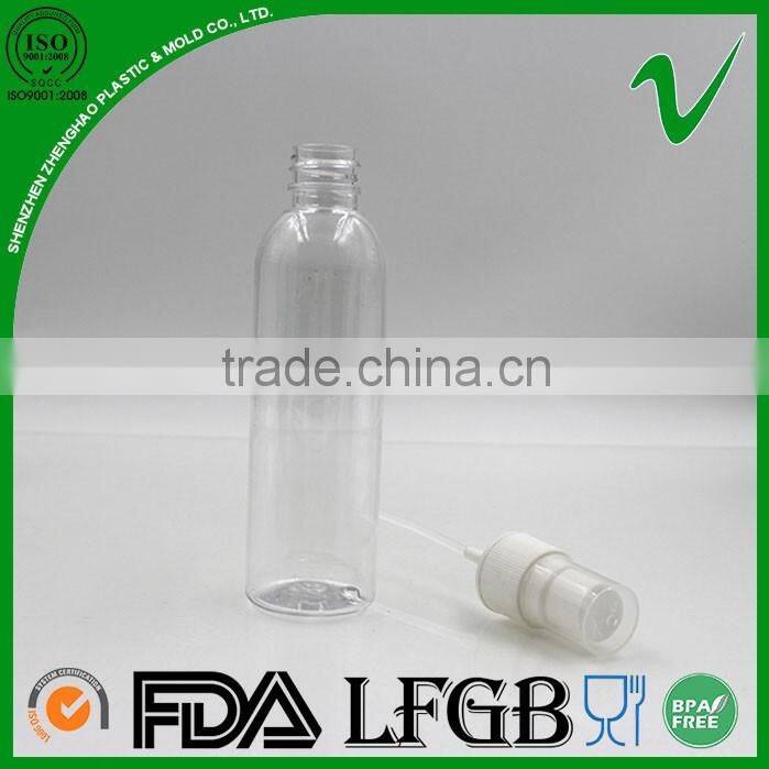 PET boston round empty cosmetic clear plastic bottle with spray