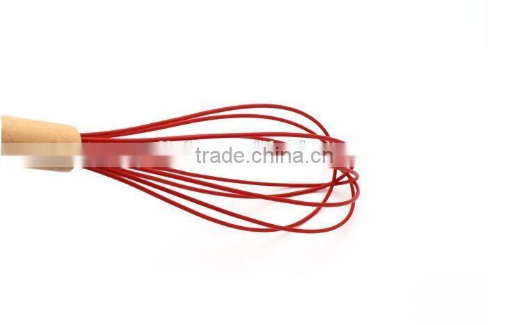 0300204 High quality 10" red color silicone egg whisk with wooden handle
