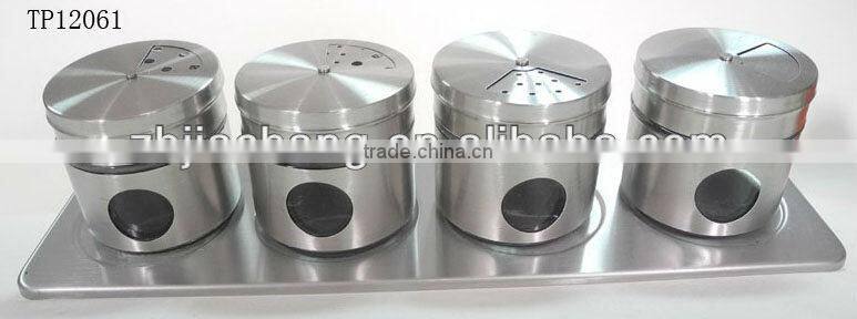 mini metal coating cylinder glass spice shaker jar set with base