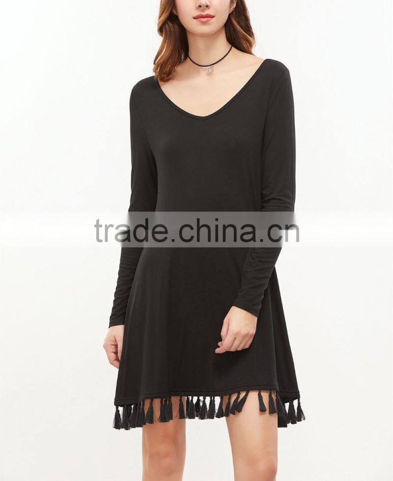 Women Clothing Autumn Long Sleeve Mini A Line Slim Party Sexy Clubwear Black V Neck Tshirt Dresses