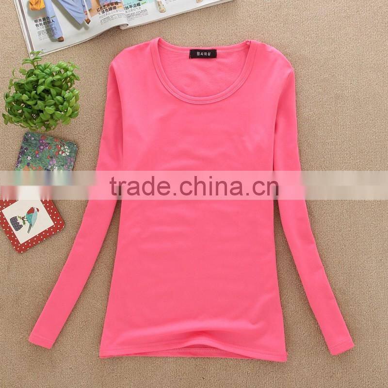 Lady fashion 100%cotton top plain women long sleeve t shirt