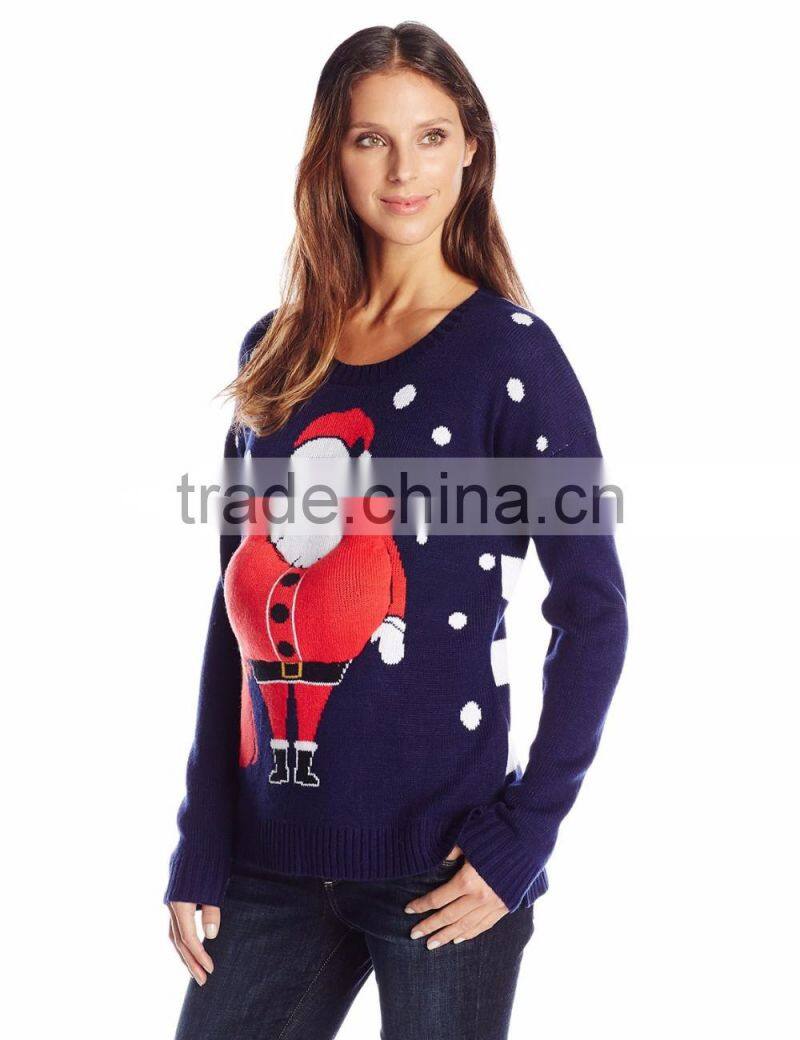 Women White Stripe Blue Sweater 3D Big Belly Santa Pattern Christmas Sweater Knitting Patterns
