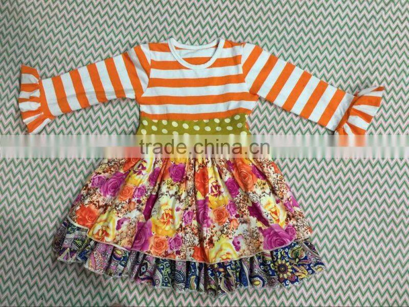 2015 baby stripe top flower dress and stripe ruffle pants baby clothing set baby dresses YW-075