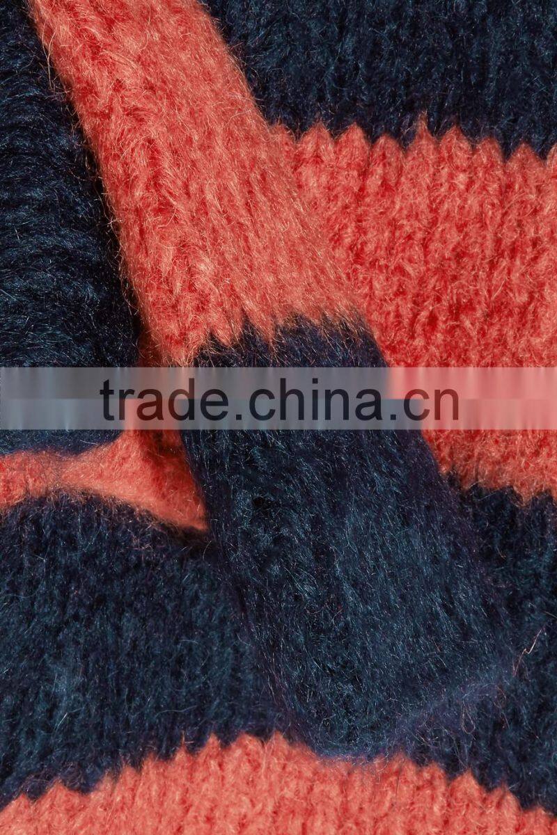 Striped Design Women Cashmere Sweater with Dropped Shoulder