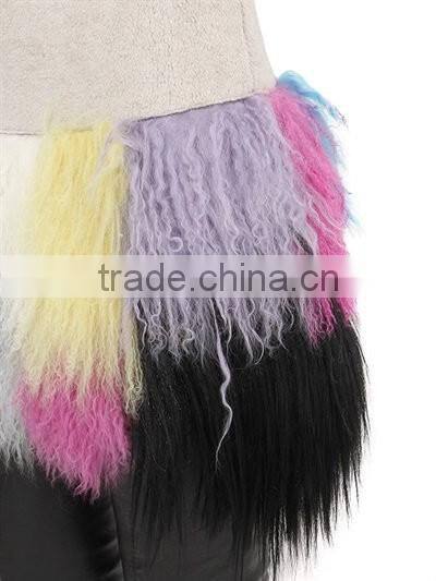 YR947 Fringed Patchwork Mongolia Wool Skirt Real Timbet Lamb Fur Skirt