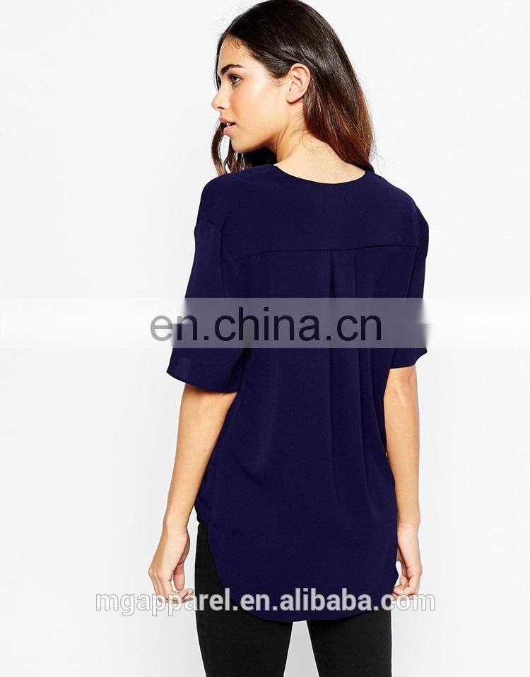 New fashion design lady blouse woven fabric V-neck short sleeve woman blouse