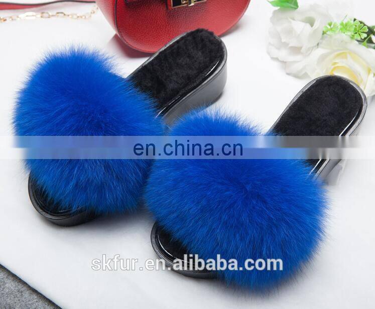 Factory supply stylish and soft real fox fur slide sandals for women