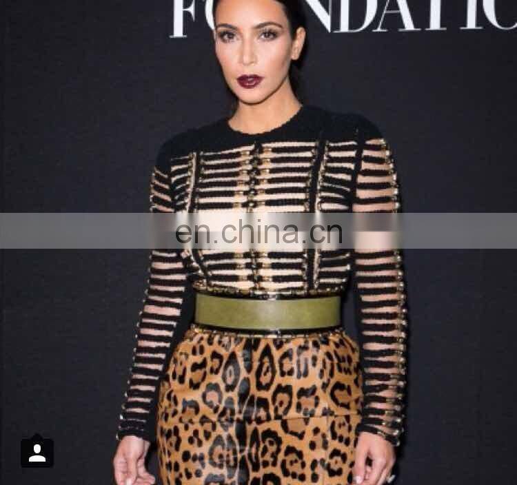 Amigo 2017 new design Black long sleeve O neck sexy mesh see through beaded crop top for big boobs women