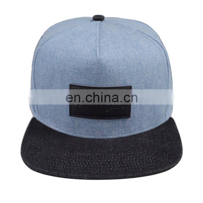 Wholesale 5 panel leather patch logo denim snapback cap