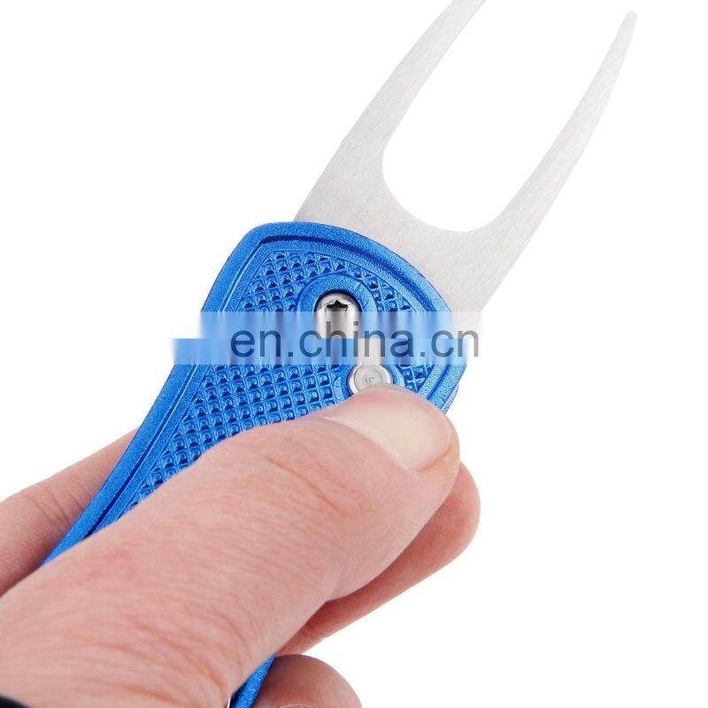 retractable automatic Switchblade metal aluminium alloy golf pitch repair fork kit with ball marker divot tool