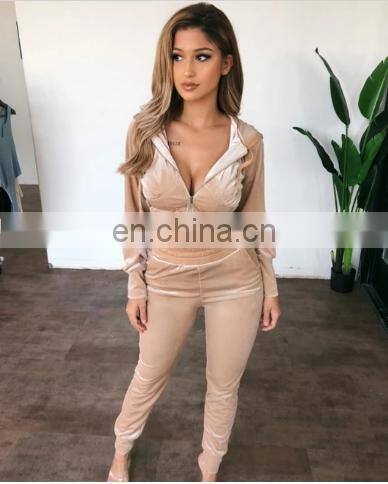 New Fashion Women Autumn Winter Casual Fleece Zipper Hooded Short Tops Long Sleeve Tops + Pants Suit pants set two piece set