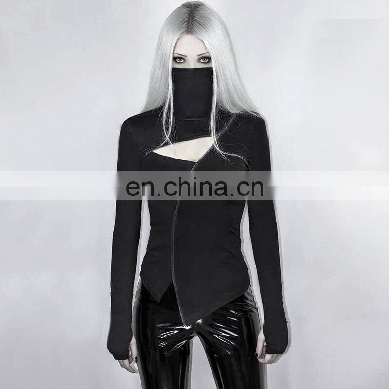 wholesale custom dark punk style irregular zipper chest hollow long-sleeved shirt high collar sexy thin irregular T-shirt