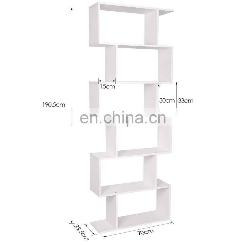 Wood Bookcase 6 Tier Shelves S Shape Bookshelf Free Standing Shelving Storage Display