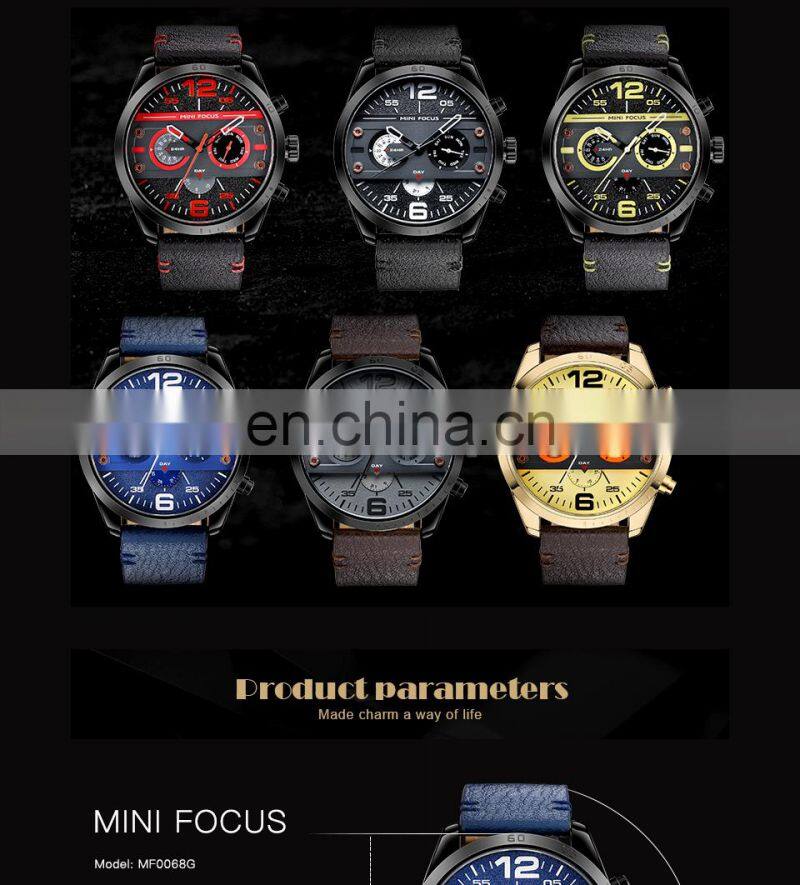 MINI FOCUS MF0068G Luxury Brand Men Watches Leather Strap Quartz Wrist Watch Men Waterproof Sport Clock Mens Wristwatch