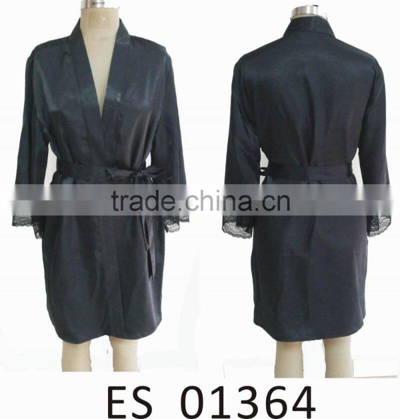 comfortable women black satin lace robe