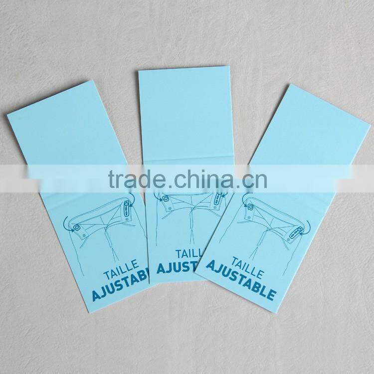 Blue folded paper hangtag for trousers