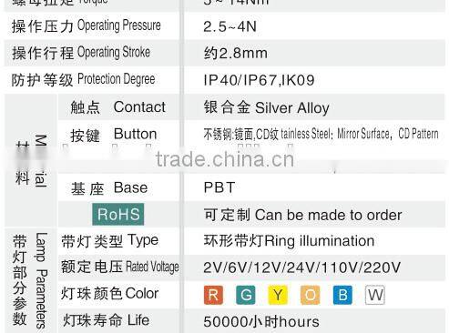 16mm latching water proof mental push button switch with led