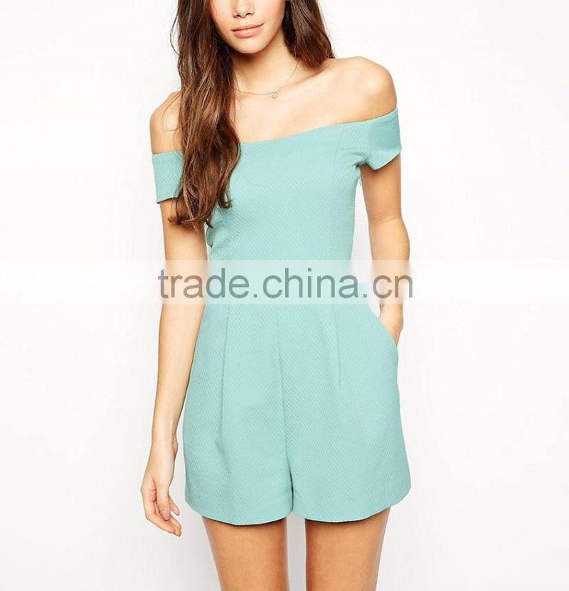 Dobby off-shoulder short sleeve bow back sexy women short jumpsuit