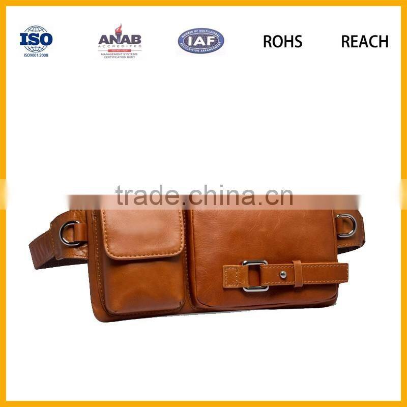 Factory Promotional Multilayer PU Brown Waist Bag with Mobile Phone Compartment for Outdoor and Sports