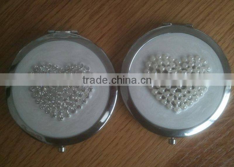 rhinestone pearls beaded metal heart compact mirror