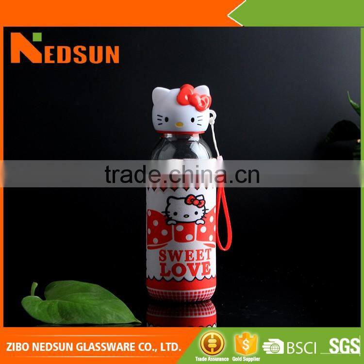 New glass clear water bottle adiabatic sleeve with cute kitty cap