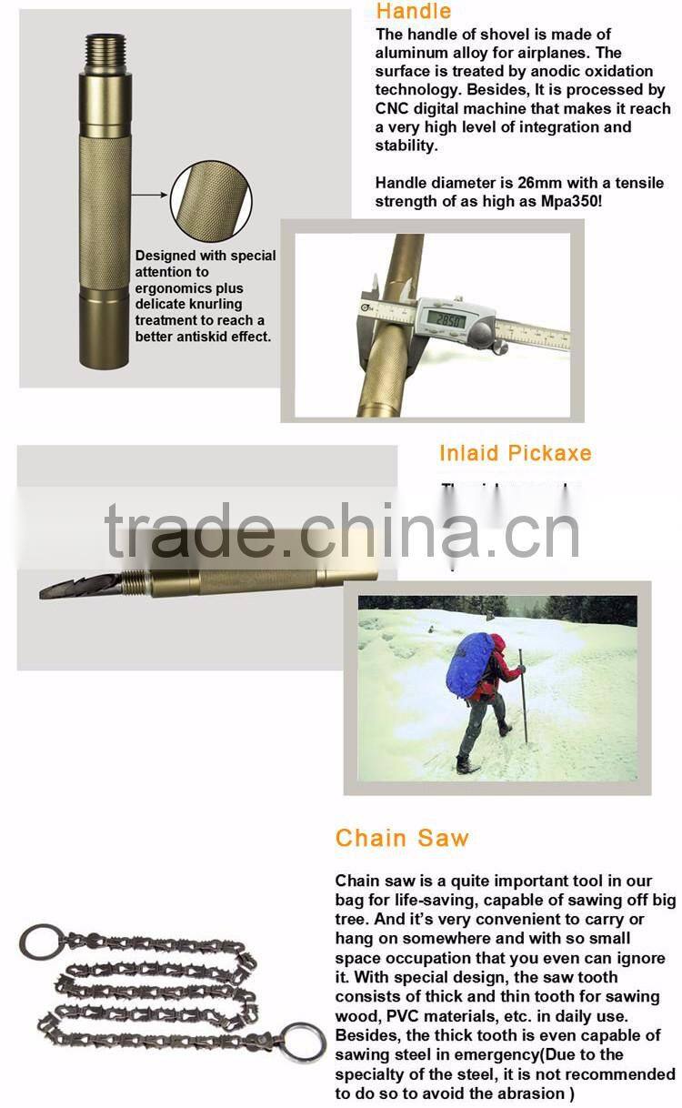 Hi-carbon Steel Stainless Outdoor Camping&Hiking Folding Survival Shovel With Firestarter&Bottleopener&Whistle