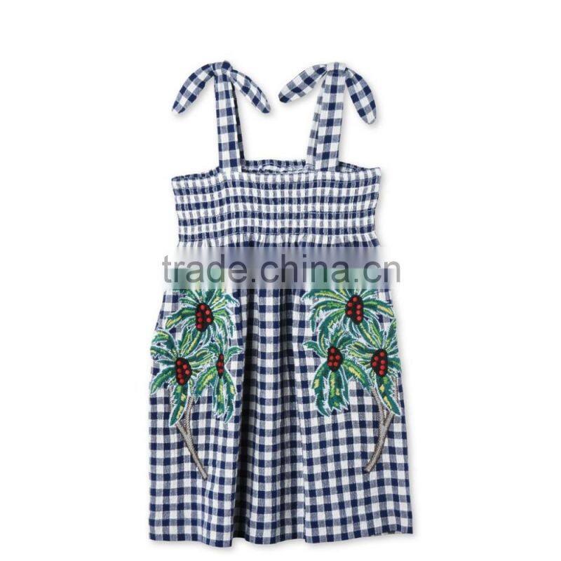 2017 Embroidered Palm Print Design Check Dress Boutique Girl Clothing With Embroidery Patch Childern Frock Model HSD5941