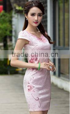 2016 New Style Elegant Chinese Ladies Summer Midi Short Sleeve Cheongsam Dresses