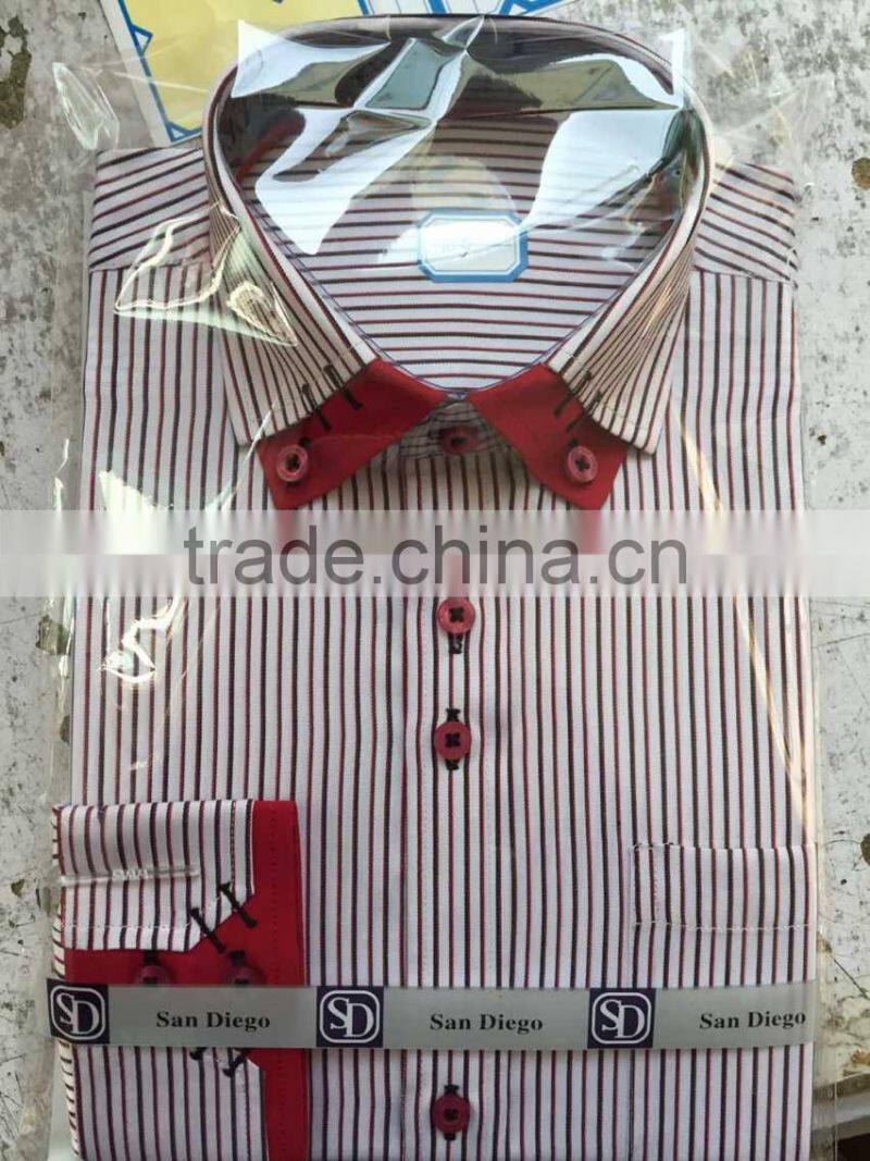 Men handsome red stripe T/C dress shirt 2015
