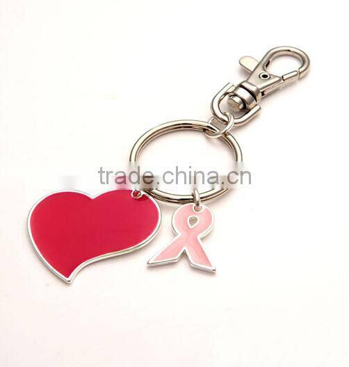 enamel red heart keychain jewelry pink ribbon breast cancer custom logo keychain jewelry