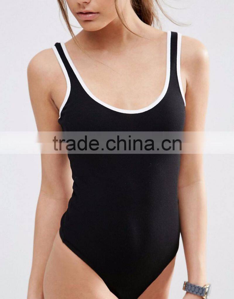 Women Plain Contrast Tipping Bodysuit Slim Knitted Basic Style Bodysuit With White Hem Eco-friendly High Quality