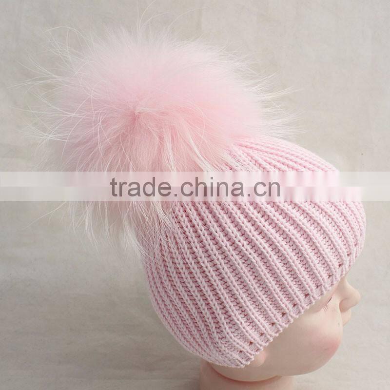 Myfur Baby Pink Raccoon Fur Pom Pom Knitting Hat with Raccoon Fur Bobble