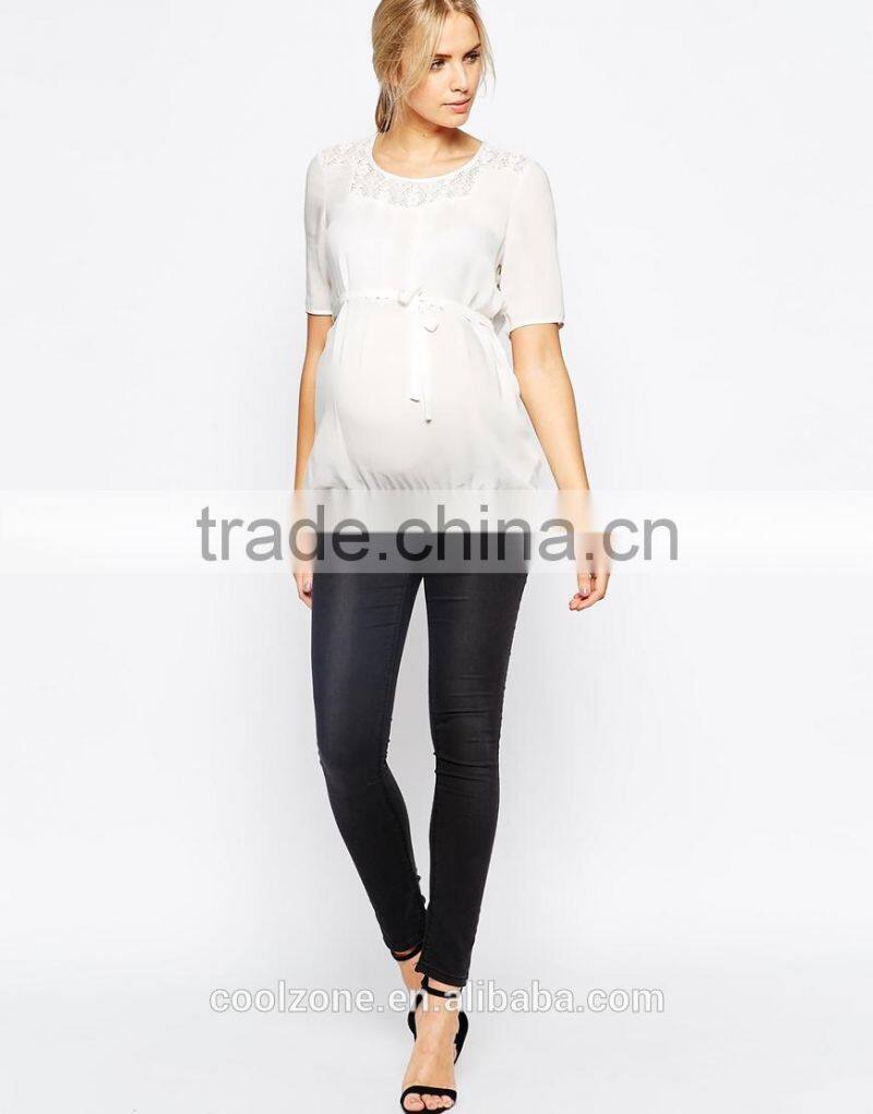 Elegant semi-sheer pleated lace detail maternity wear wholesale tank top