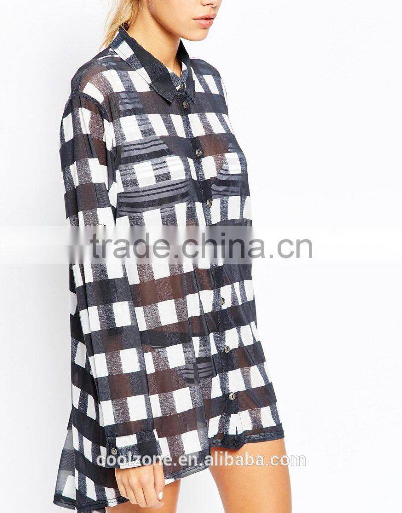 Oversized fit semi-sheer point collar beach wear/woman beach shirt