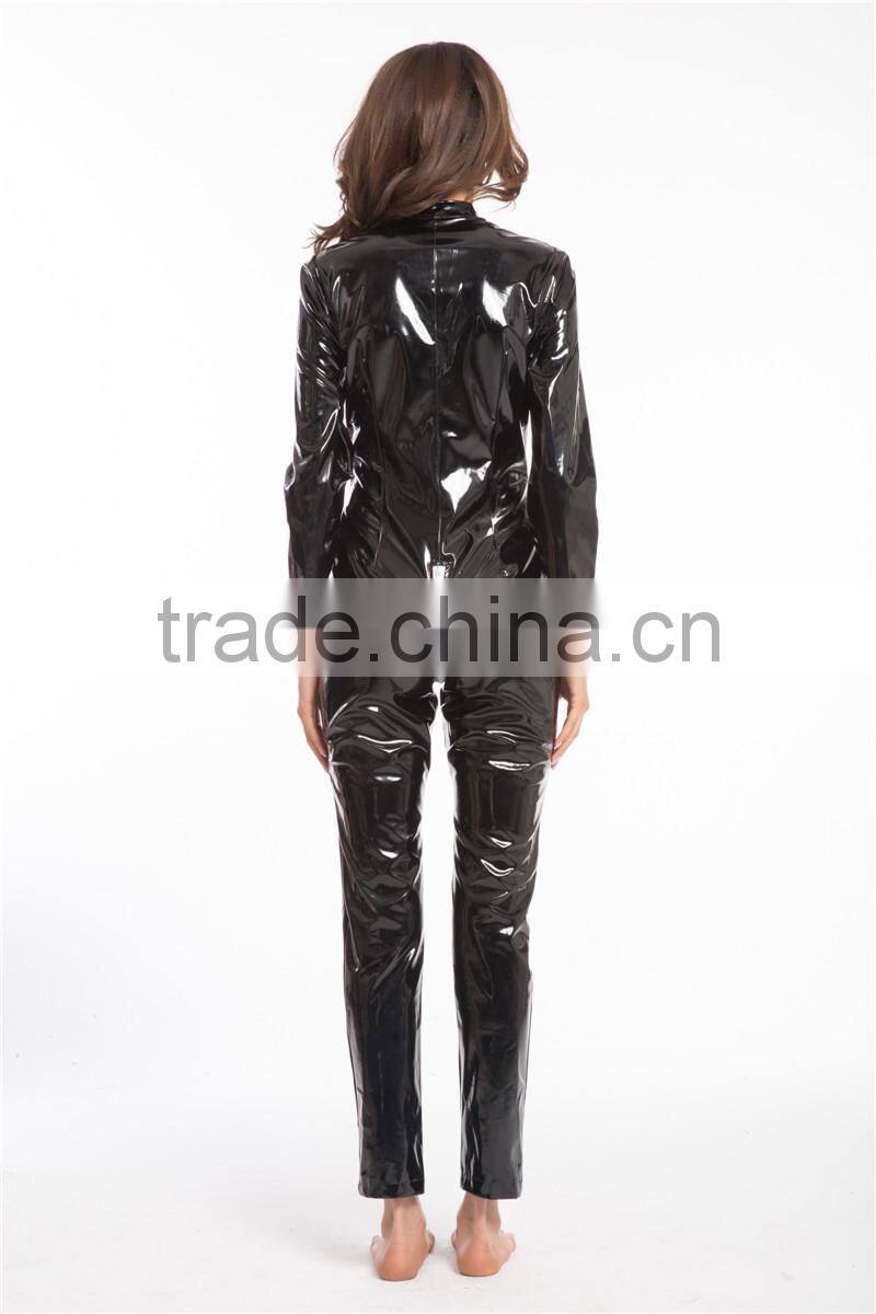 2016 Instyles Gothic Wetlook Catsuit Body Suit Black Faux Leather Zipper Jumpsuits Catwoman