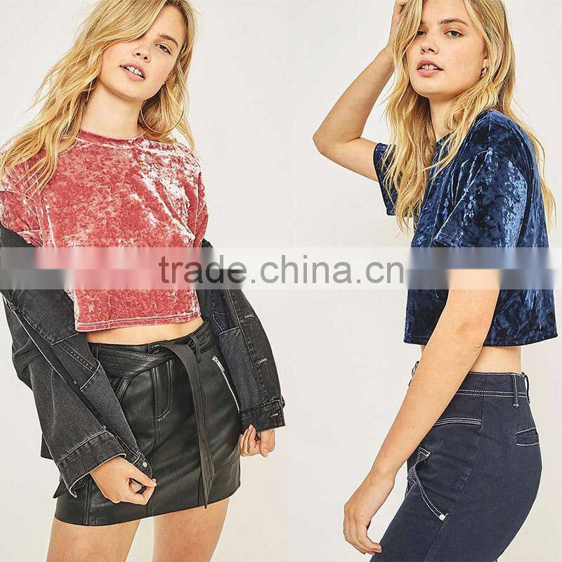 Slight blink crushed velvet O-neck short sleeves cropped t shirt tank tops