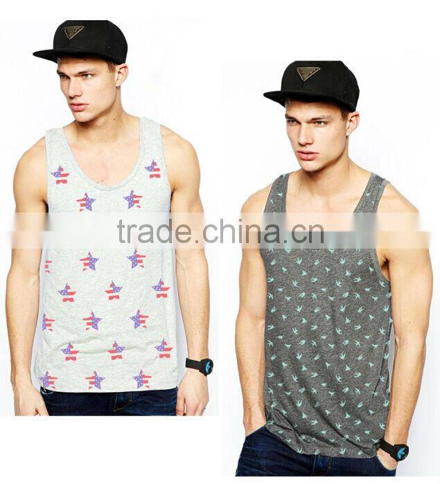 fashion style men's black white 100% cotton polyester singlet with water print