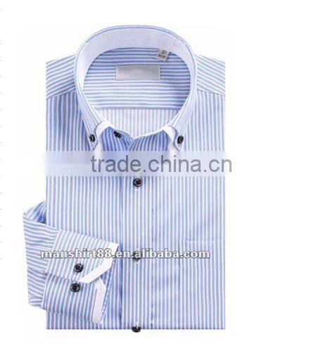 Exclusive style Yarn dyed Blue Stripes 100% Natural Cotton men's dress shirt with Double Collar&Cuff