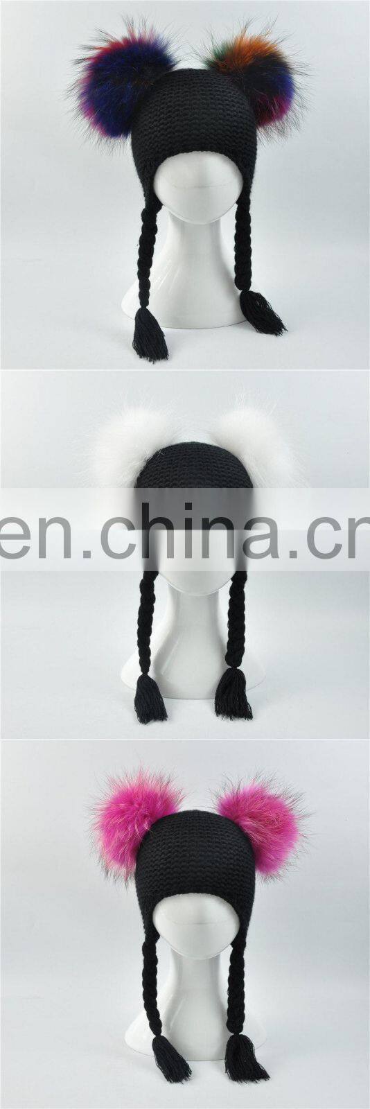 Brand Cute Baby Crochet Hats and Caps with Two Real Raccoon Fur Balls Top Color Matching Hat