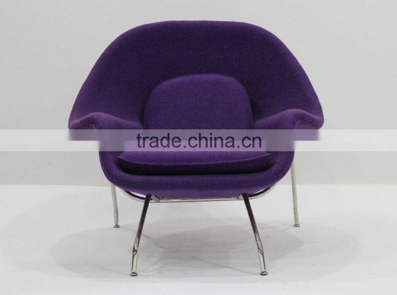 replica relaxing fiberglass materail stainless steel frame wool fabric womb chair with ottoman by Eero Saarinen