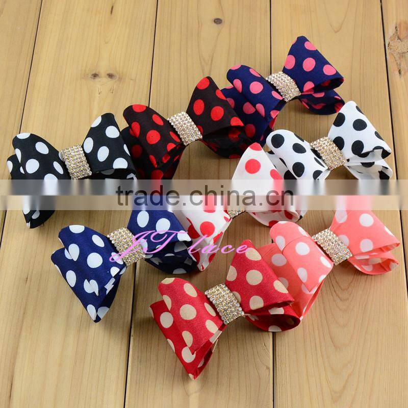 Navy/Hot pink dot and red/yellow dot hair bow rhinestone centre decorate