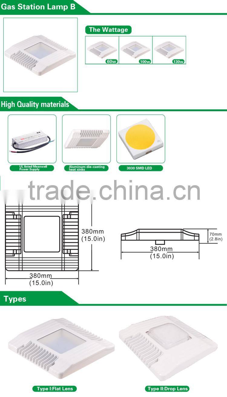 UL DLC listed 130w petrol station led canopy lighting with 5 years warranty