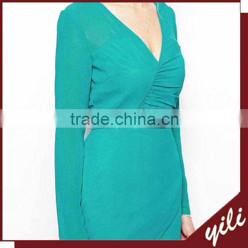 women elegant long sleeve mint green dress with wrap front